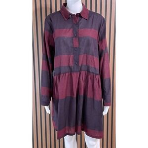 Mordenmiss Women Red Dress Collared Striped‎ Casual Preppy Outdoor Minimalist 1x
